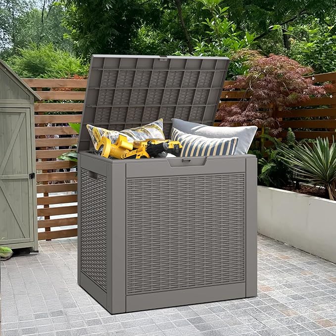 Bifanuo Outdoor Storage Box, 30 Gallon Deck Boxes Waterproof, Resin Storage Cabinet Multi Functional Storage Bench For Gardening Tools, Pool Supplies, Patio Furniture, Lockable