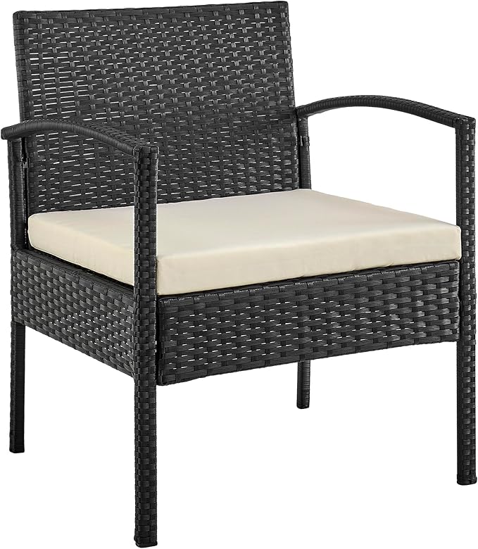 Manhattan Comfort Noli 4-Piece Patio Conversation Set, Outdoor Furniture Made of Steel Rattan | Includes 2 Modern Armchairs, Loveseat, Tempered Glass Coffee Table, Removable Waterproof Cushions, Cream