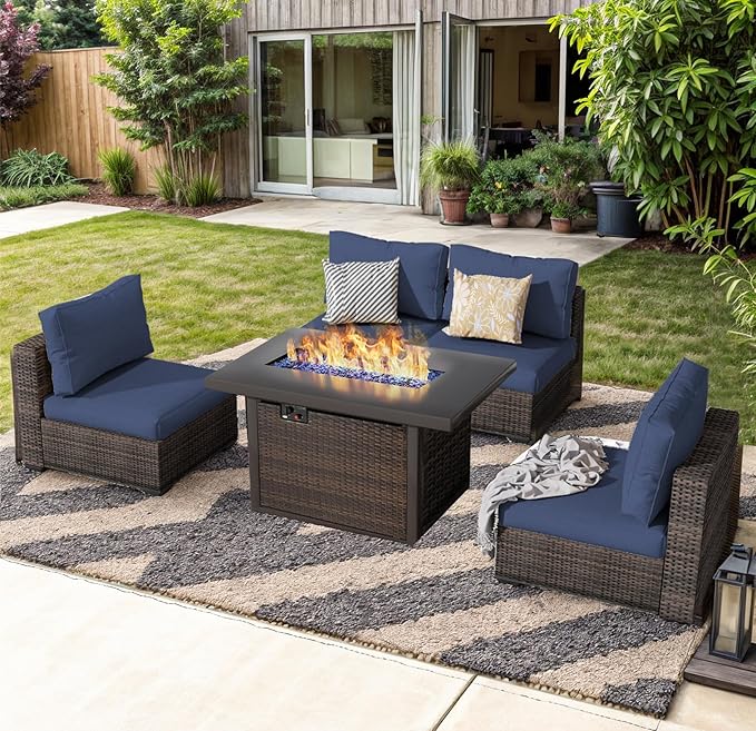 Outdoor Sectional Furniture, 5 Piece Patio Furniture Set with 42-inch Fire Wicker Propane Fire Pit Table - All Weather Wicker Rattan Couch Sofa Conversation Set for Backyard Lawn Poolside Deck, Blue