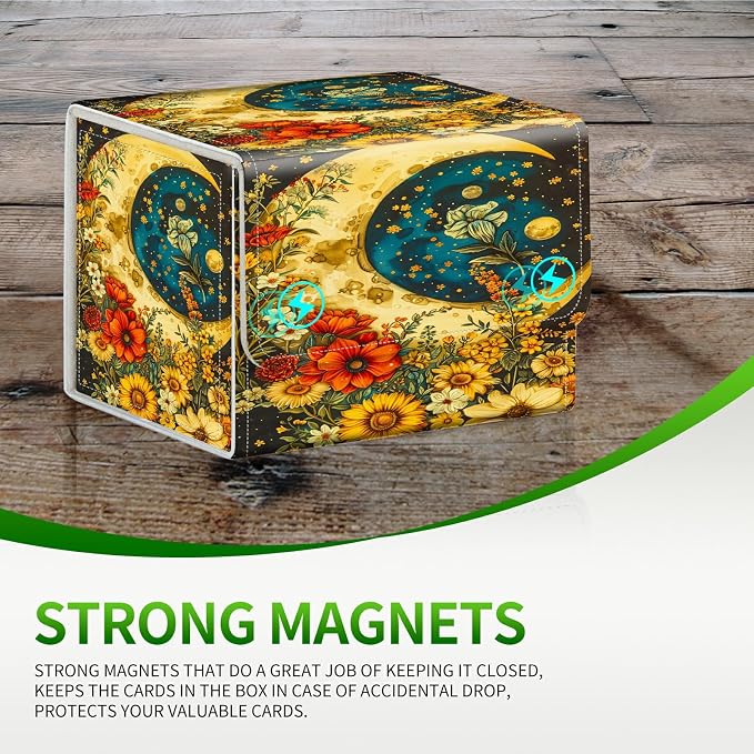 Card Deck Box for MTG, Cards Storage Box Fits 120+ Sleeved, Leather Small Size Strong Magnetic Closing Card Case for Board Games Magic TCG CCG Baseball Collection, Flower Big Moon