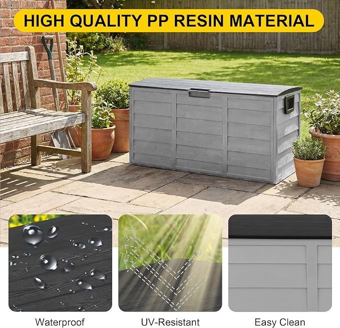 75 Gallon Resin Deck Box, Waterproof Anti-UV Lockable Outdoor Storage Bin for Patio Furniture Garden Tools, Heavy Duty Indoor Package Delivery Deck Boxes for Pillows Pool Cushions, Gray
