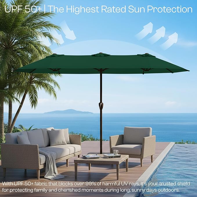 15FT Large Patio Umbrella with Base, Double Sided Rectangular Outdoor Umbrella with Sturdy Fiberglass Ribs, UPF 50+ Sun Protection, Wind-Resistant, Waterproof Fade-Resistant Fabric for Pool, Garden, Backyard, Deck(Dark Green)