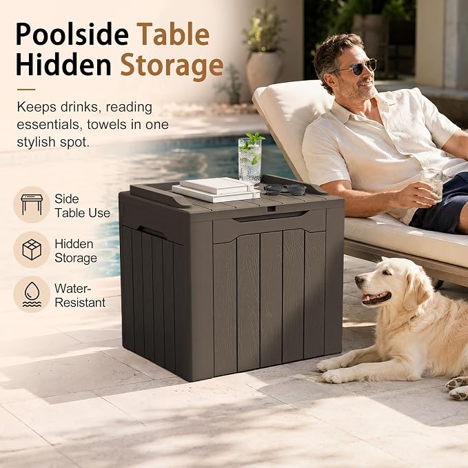 JUMMICO 31 Gallon Resin Deck Box Waterproof Indoor Outdoor Storage Boxes for Patio Furniture Cushions and Garden Tools (Brown)