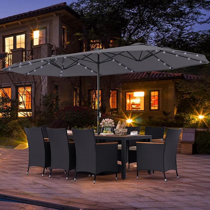 Tangkula 11 Pieces Patio Dining Set with Double-Sided Led Patio Umbrella (Base Included), with 8 Stackable Chairs, Acacia Wood Dining Table and Large Umbrella with Solar Lights (Grey + Off White)