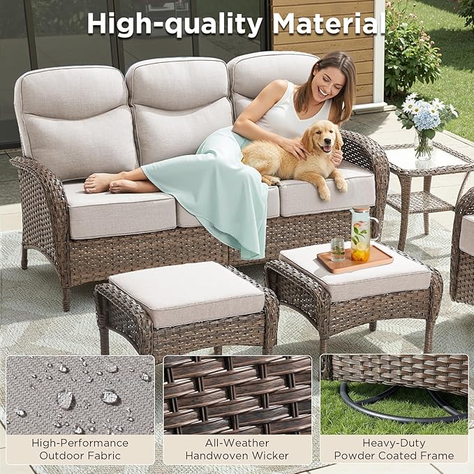 Luxury Outdoor Patio Furniture Set with 6-Inch Thick Cushions, 7 Pieces Wicker Outdoor Furniture with High Back Swivel Patio Chairs Set of 2, Outdoor Conversation Set for Deck Garden Porch, Beige