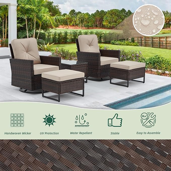 AVAWING 5 Pieces Patio Furniture Set, Wicker Swivel Glider Chairs with 2 Ottomans and 1 Side Table, Patio Chairs with Waterproof Blue Cushions for Garden, Backyard and Porch,