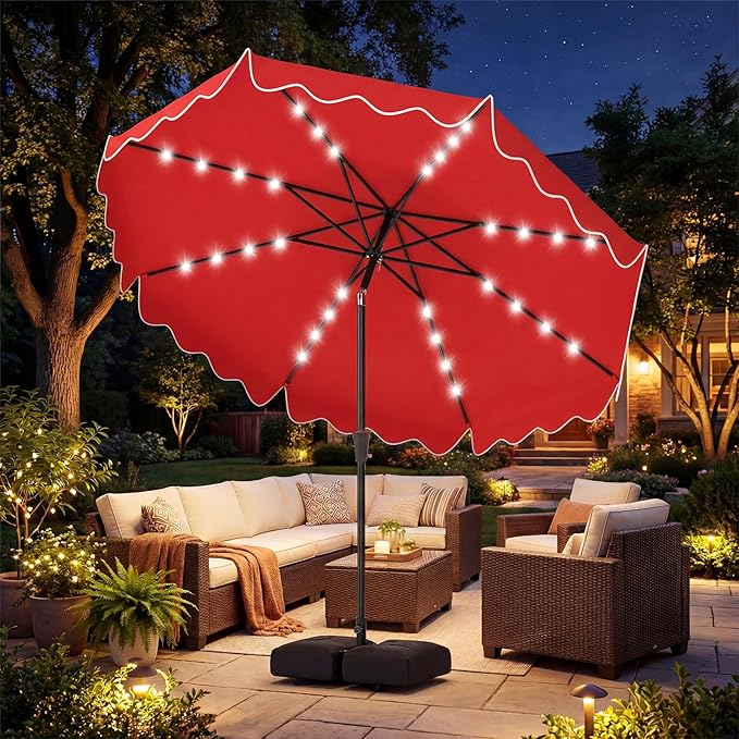 Tangkula 10 FT Solar Patio Umbrella with Base Included, 2-Tiers Outdoor Scalloped Table Umbrella with 32 LED Lights, 2 Sandbags, Tilt Adjustment, Crank, 8 Ribs for Market Backyard Pool Deck Beach Lawn (Red, 10 FT)