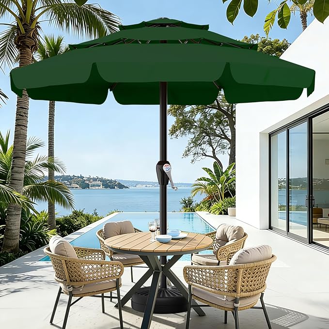 AreShark 12FT 3-Tiers Patio Umbrella with Valance, Outdoor with Crank, Large Outdoor Market Umbrellas Vented with 8 Sturdy Ribs, Patio Table Umbrellas for Garden, Deck, Backyard, Pool, Dark Green