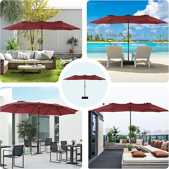 DUMOS 15FT Extra Large Patio Umbrella with Base Included, Rectangle Table Umbrella Outdoor Patio, 12 Sturdy Ribs Triple Head Canopy Outside Umbrellas for Deck, Backyard and Poolside, Wine Red
