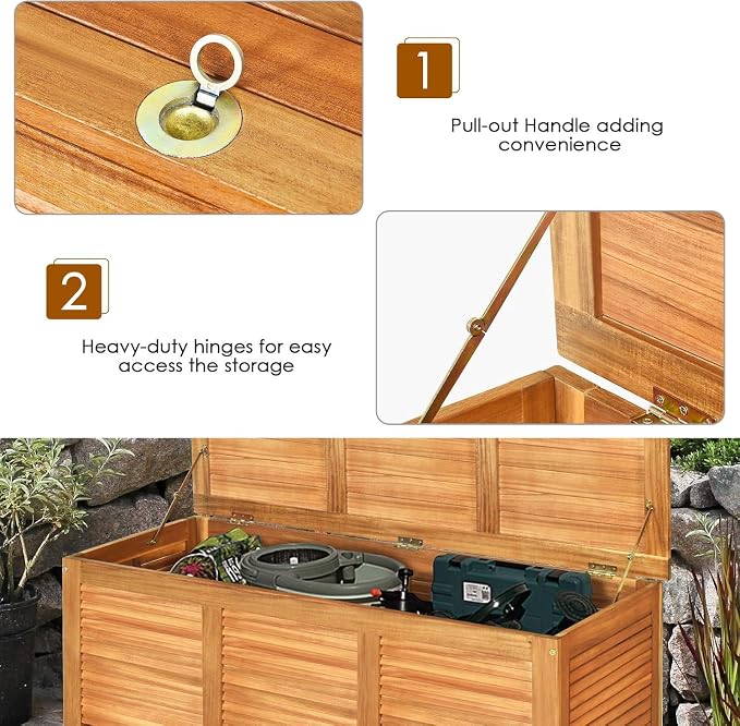 Byroce 46 Gallon Acacia Wood Deck Box, Outdoor Storage Bench for Patio | FSC acacia wood, teak oil finish, 46 gallon, 355 lbs, shutter front, metal hinges, ventilated slat sides, for patio garden