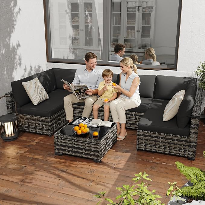 KIGOTY 7-Piece Patio Furniture Set, All-Weather PE Rattan Outdoor Sectional Sofa, Modular Wicker Conversation Set with Thick Cushions & Easy-Clean Coffee Table（Beige Black/Black）