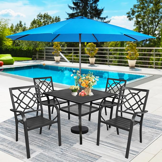 SUNCROWN 6-Piece Outdoor Wrought Iron Chairs and Table Patio Dining Furniture Set - 4 Stackable Metal Chairs, 1 Steel Slat Bistro Table and 1 Sky Blue 9Ft Patio Umbrella for Garden Backyard Deck