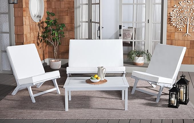SAFAVIEH Outdoor Collection Chaston Grey Wood/Beige Cushion 4-Piece Conversation Patio Set