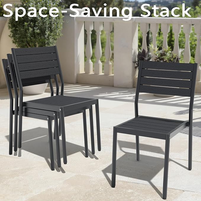 11-Piece Outdoor Dining Set for 10 Person with Black Wood-Grain Top | Armless Stackable Chairs with 19.4" Seat Depth, Aluminum Frame Dining Furniture with Umbrella Hole for Deck, Porch & Backyard