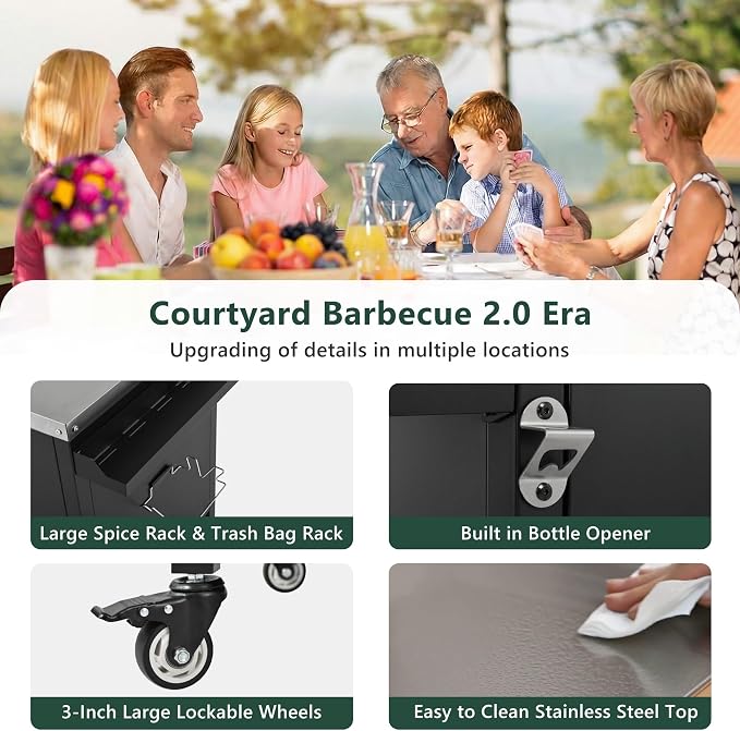 72.4" Large Grill Table for Large Big Green Egg,Metal Outdoor Grill Cart with Fold-out Prep Table,Adjustable Shelves,Spice Rack,Outdoor Kitchen Island for Big Green Egg,Kamado Joe Classic (Black#23)