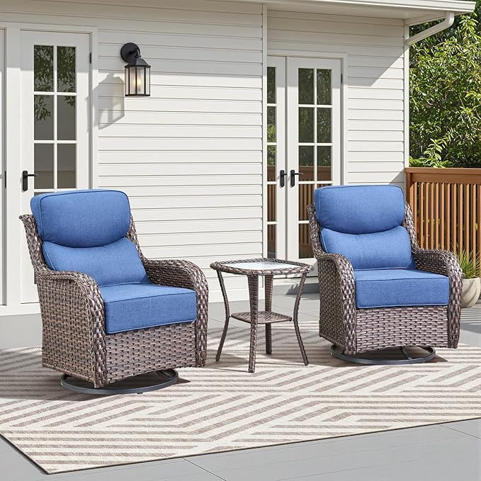 Luxury Outdoor Swivel Rocker Patio Chairs-3 Piece Wicker Patio Rocking Chairs Set of 2 with Glass Side Table 6" Thick Cushions High Back Outdoor Furniture Sets for Deck Porch Balcony(Brown/Blue)
