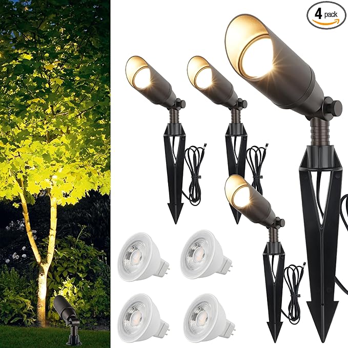Outdoor Spot Lights for Yard 12V Wired Low Voltage Landscape Spotlights Aluminum Spot Lights with 4W MR16 LED Bulb Warm White, Waterproof Ip65 Spotlight Outdoor for Garden and Yard 4-Pack