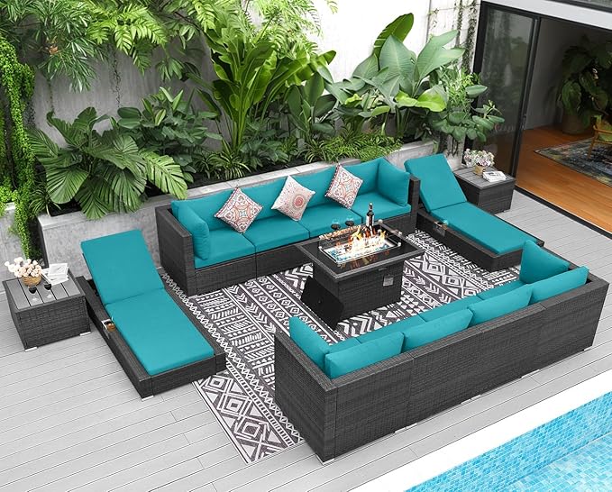 NICESOUL 13 Piece Outdoor Seating with Fire Pit Table, High-End Wicker Patio Furniture Set with Chaise Lounge, Comfy 29.3'' High Back Deep Sectional Sofa, All-Weather Backyard Sitting, Grey & Teal