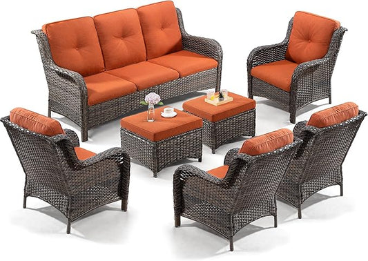 Wicker Patio Furniture Sets 7 Piece Set with One 3-Seat Sofa, 4 WIkcer Chairs, 2 Ottomans, Wicker Outdoor Furniture Set Patio Conversation Set, Orange