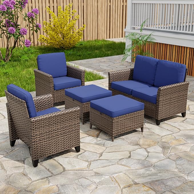 COOS BAY Harbor Retreat 5 Piece Outdoor Furniture Set, Patio Conversation Set with Patio Chairs, 2 Seat Loveseat and Ottomans, Wicker Furniture, Brown/Blue