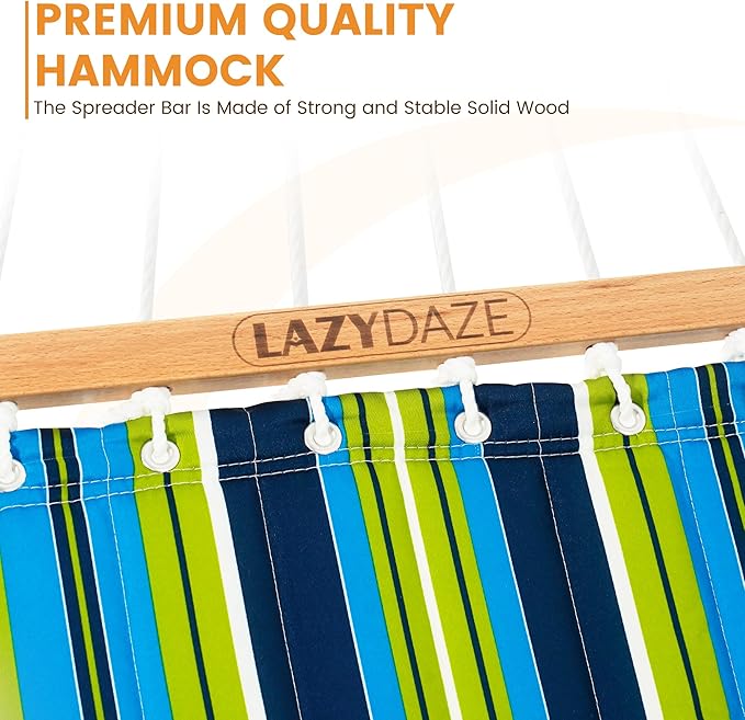 Lazy Daze Hammocks 12 FT Quilted Fabric Double Hammock with Spreader Bars and Detachable Pillow, 450lbs Weight Capacity, Blue Green Stripes