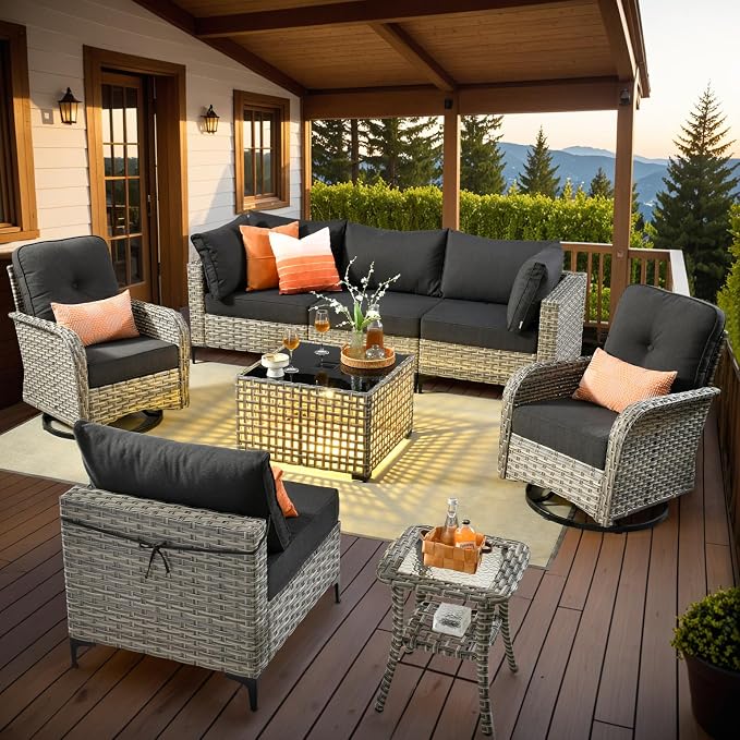 Patio Sectional Outdoor Furniture Set with Swivel Rocking Chairs and Glowing Table,8 Pieces Wicker Conversation Sets Modular Couch Out Door Sofa Outside Furniture for Garden Deck Yard Porch,Black