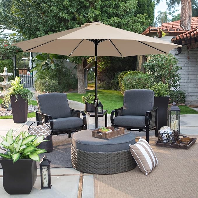 JEAREY 9ft Solar LED Lighted Patio Umbrella, Table Market Umbrella with 8 Ribs/Tilt Adjustment and Crank UV-Resistant Outdoor Umbrella for Garden, Deck, Backyard, Pool and Beach - Beige