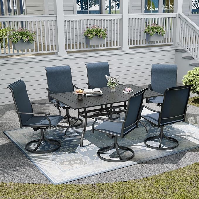 7-Piece Outdoor Dining Set with Umbrella Hole,Patio Swivel Chairs Set and 63"x 38"x 28" Outdoor Patio Table for 6,Modern Garden Dining Set for Poolside Seaside Backyard