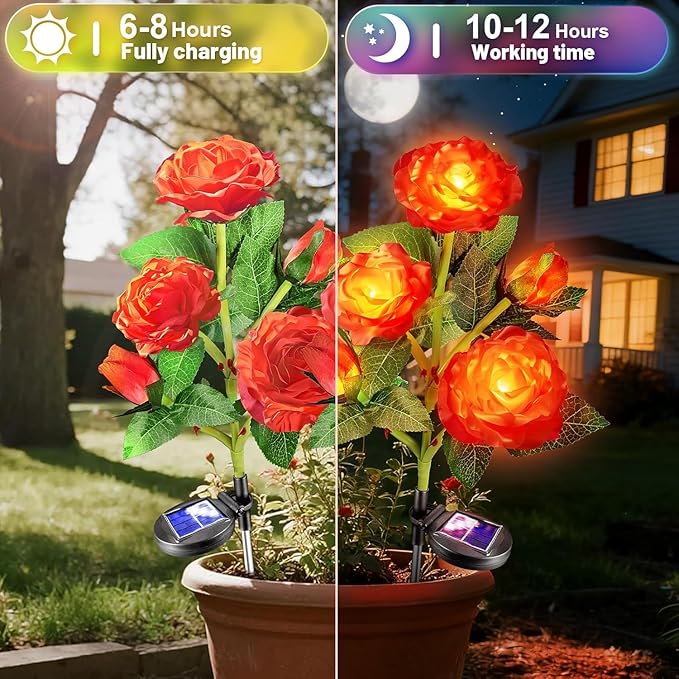Anordsem Solar Garden Lights Outdoor: 20 Artificial Fabric Red Roses Flowers 4 Pack- LED Flower Decorations for Cemetery Grave Pathway Yard- Mothers Day Gifts for Women, Wife and Mother