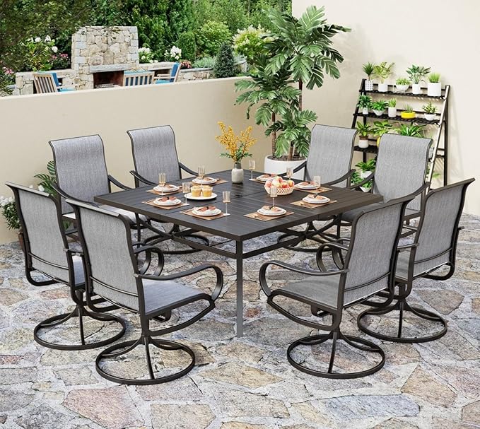 PHI VILLA 9 Piece Outdoor Patio Dining Set, Large Square Metal Dining Table and 8 Outdoor Swivel Dining Chairs, Patio Table and Gray Chair Furniture Dining Set for 8 Person