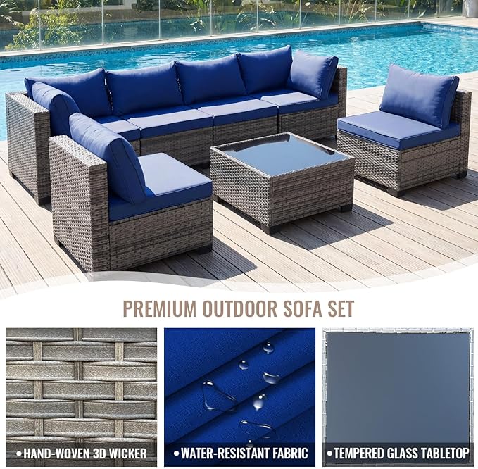 7 Pieces Outdoor Wicker Patio Furniture Sectional Set, Patio Conversation Set with Cushions & Coffee Table, All Weather PE Rattan Patio Sofa with Tea Table for Backyard Porch Garden (Navy-blue)