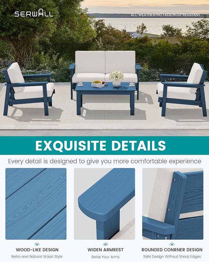 SERWALL HDPE Outdoor Patio Loveseat, Blue Frame and Grey Cushion