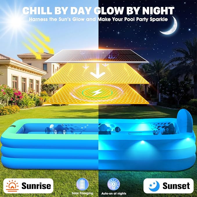 Extra Large Inflatable Pool With Lights,Upgraded Solar Powered Blow Up Pool For Adults,Inflatable Kids Swimming Pool with Seat& Backrest,Big Inflatable Kids Pool For Backyard,120x73x20IN-Green