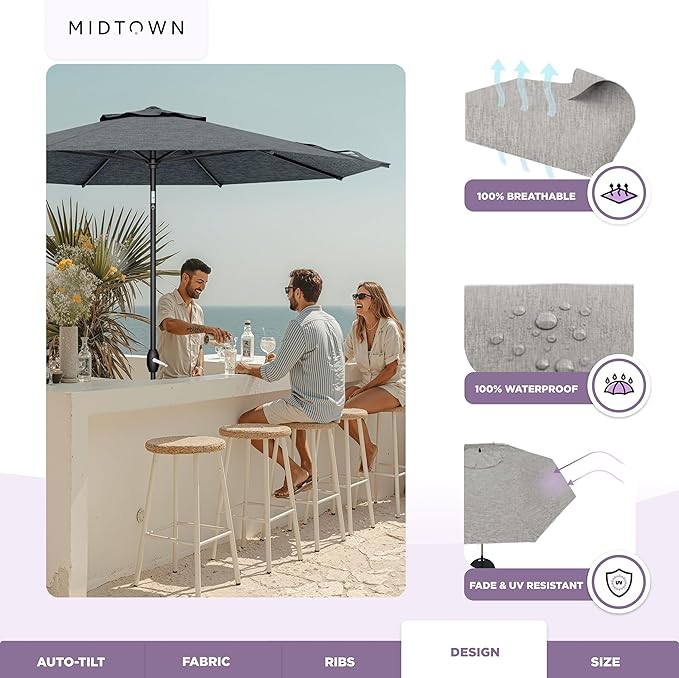 Midtown Umbrellas – The Lean 9 Ft Patio Umbrella with 10-Year-No-Fade Acrylast Acrylic Fabric, Auto-Tilt and 8 Reinforced Ribs for Deck, Pool, Garden, Hotel & Cafes – Stonecast Grey Canopy, Black Pole