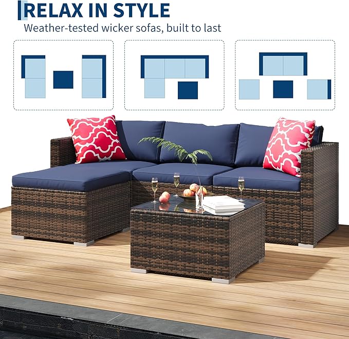 5-Piece Outdoor Sectional Sofa Set, All-Weather PE Rattan Patio Furniture with Ottoman & Tempered Glass Table, Convertible Garden Couch for Backyard, Porch, Poolside (Brown/Navy Blue)