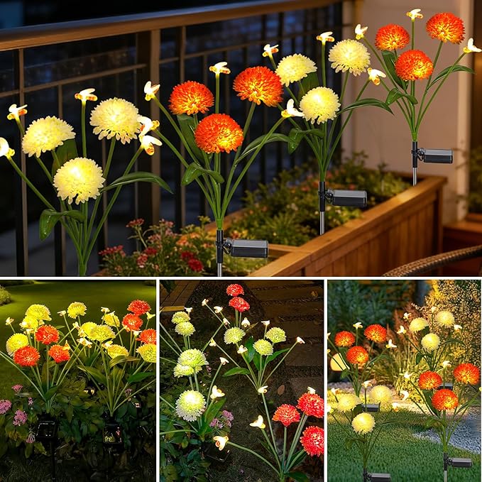 Solar Garden Lights Outdoor 2 Packs Solar Swaying Bee Lights with Fake Flowers Waterproof Firefly Light Flower Fairy Lights Outdoor Patio Yard Pathway Decoration Ideal Gifts for Women Mother's Day