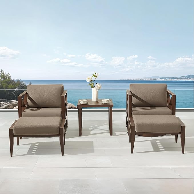 5-Piece Aluminum Outdoor Swivel Rocker Chair Set, 360° Swivel and Rocking Patio Chairs with 5.2-Inch Thick Cushions and Side Table, All-Weather Conversation Sofa for Backyard, Deck, Porch, Balcony