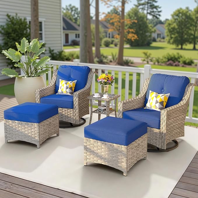 HOOOWOOO Patio Furniture Set,5 Pieces Wicker Outdoor Furniture,High Back Conversation Set with All Weather Resistant Swivel Chairs with Ottoman Side Table,Navy Blue