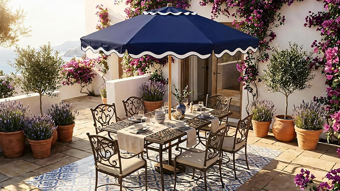 AMMSUN 8.2ft Vintage Wood Outdoor Umbrella, with a pulley system, UPF 50+, for markets, gardens, porches, courtyards, beach terraces, cafes, taverns, dining tables, pool sides, wedding venues