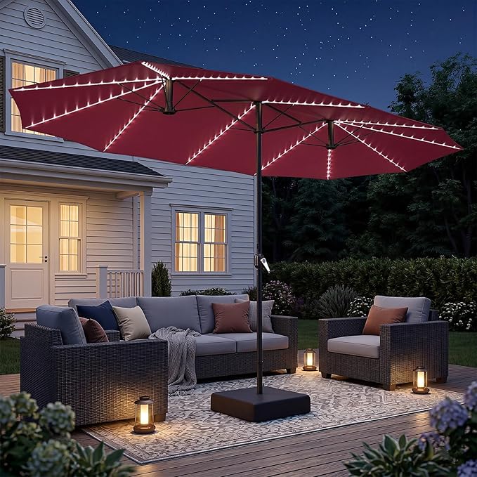 AECOJOY 15ft Double-Sided Patio Umbrella with Solar Lights, Outdoor Rectangle Market Large Patio Umbrella with Base Include, Crank Handle, 156 PCS LED Lights for Garden Deck Pool in Red (1.9" Pole)
