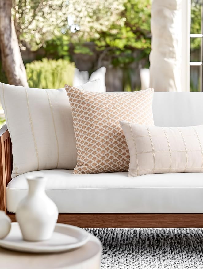 Modern Farmhouse Fall Linen Indoor Outdoor Throw Pillow Cover Only, 22"x22" Water Repellent for Patio, Backyard, Couch, Neutral Beige Vertical Stripes