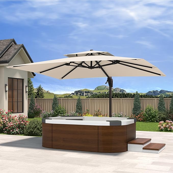 10' X 13' Cantilever Patio Umbrella Double Top Rectangular Outdoor Large Offset Umbrellas with 7 Tilts Adjustable 360°Rotation for Deck Pool Garden Backyard, Beige