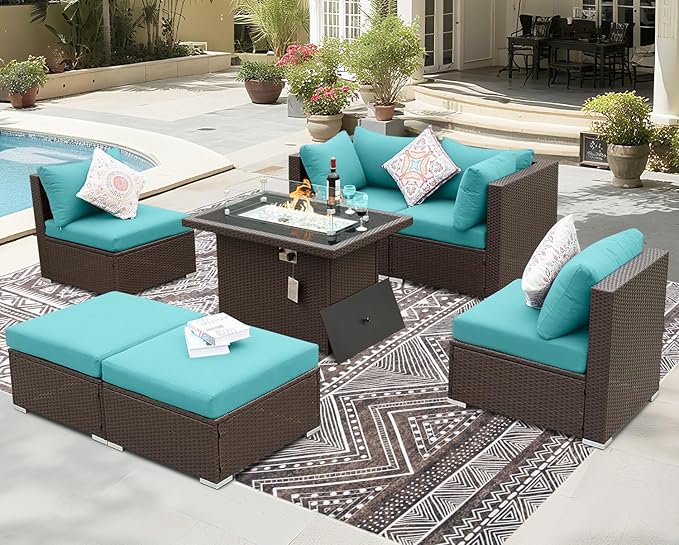 BULEXYARD 7 Pcs High Back Patio Furniture Set with Fire Pit Table Propane/Natural Gas Dual Fuel, Heavy Duty Outdoor Sectional Couch, XL Comfy Backyard Seating for Exterior, Brown Wicker & Teal Cushion