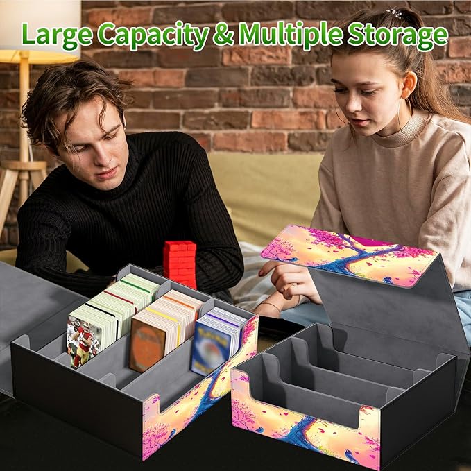 Card Deck Box for MTG, Cards Storage Box Fits 120+ Sleeved, Leather Big Size Strong Magnetic Closing Case for Board Games Magic TCG CCG Baseball Collection Women Man, Pink Tree