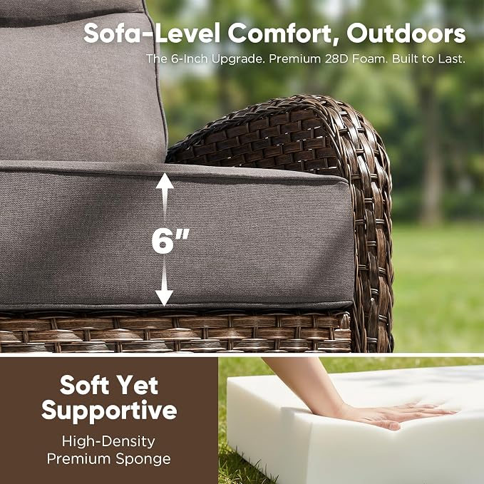 HUMMUH 5-Piece Patio Furniture Set with 6" Thick Cushion High Back Outdoor Swivel Rocker Chairs,3-Seater Sofa,Coffee Table & Ottomans,Wicker Outdoor Conversation Set for Deck, Porch,Poolside