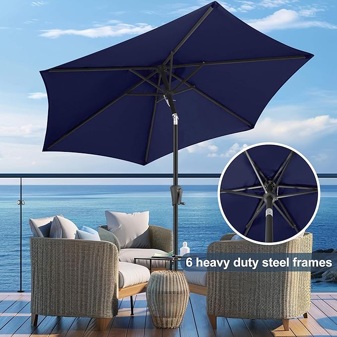 FLAME&SHADE 9ft Patio Umbrella Outdoor - Table Umbrella with Push Button Tilt and Crank, UV Protection, 6 Sturdy Ribs, Market Umbrella for Garden, Deck, Backyard, Lawn, Pool and Beach(Navy Blue)