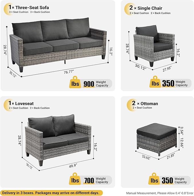 ovios 6 Pieces Patio Furniture Set, Outdoor Wicker Rattan Sofa Couch with Loveseat, Chairs, Comfy Cushions, Conversation Sets for Porch Deck Garden, Black