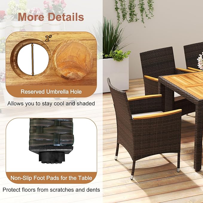 COSTWAY 9-Piece Patio Dining Set for 8, Outdoor Rattan Wicker Table and Chairs Furniture Set with Umbrella Hole, Acacia Wood Tabletop for Backyard, Balcony, Poolside, Brown & Beige