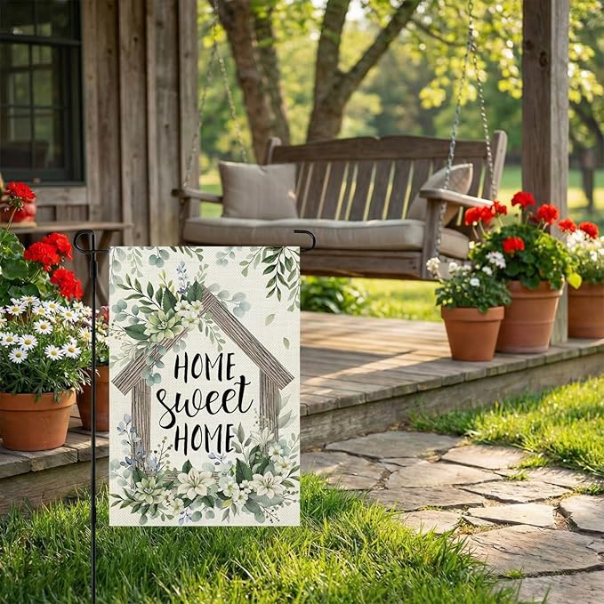 CROWNED BEAUTY Spring Home Sweet Home Garden Flag Eucalyptus Welcome 12x18 Inch Double Sided Small Floral Seasonal Holiday Decoration for Outdoor Lawn Yard