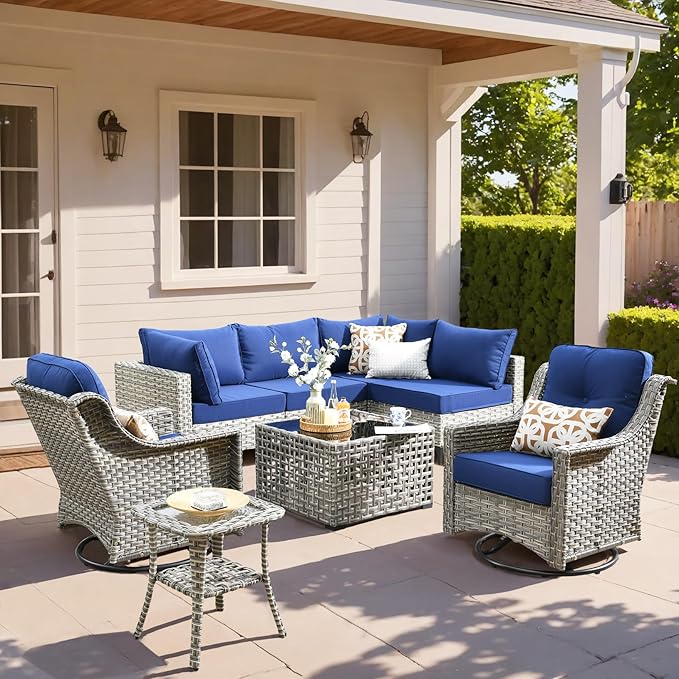 HOOOWOOO Outdoor Patio Furniture Set,8 Pieces Wicker Out Door Sectional Furniture L Shaped Couch,Patio Conversation Sets with Swivel Rocking Chair LED Table,Navy Blue